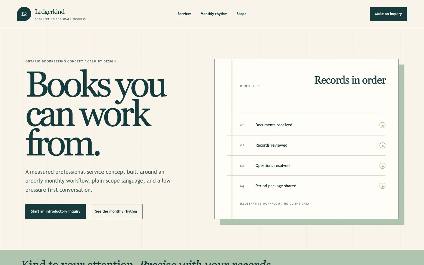 Desktop home page of the Ledgerkind small-business bookkeeping concept build