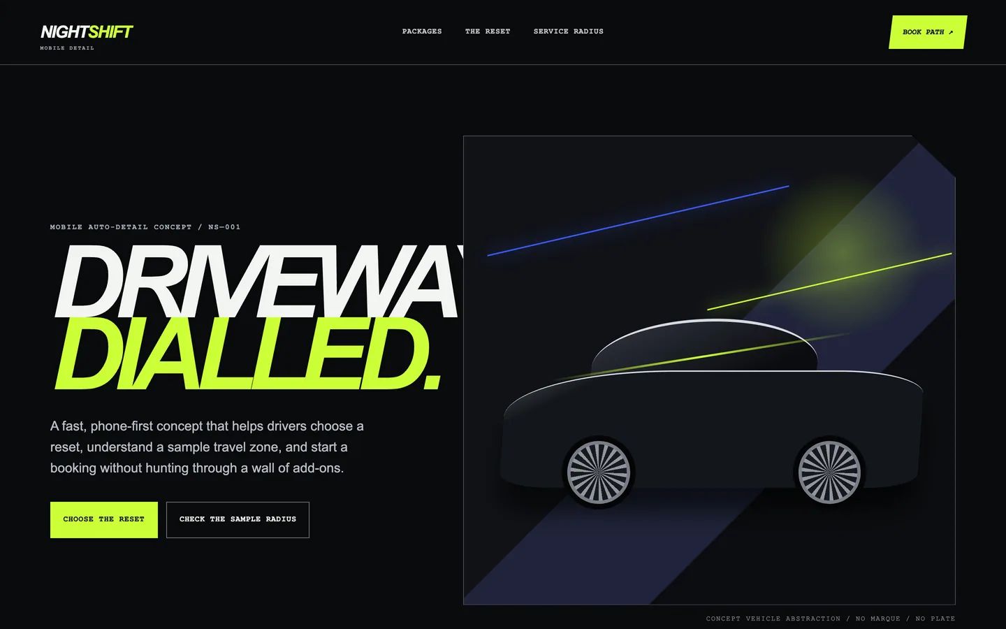 Desktop home page of the Nightshift Detail mobile auto detailing concept build