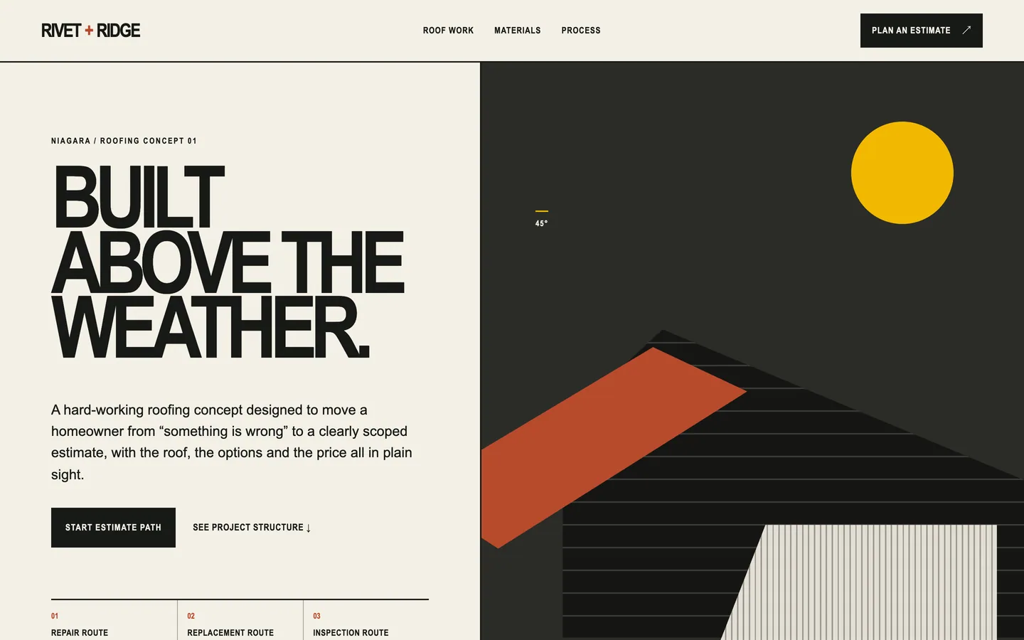Desktop home page of the Rivet & Ridge roofing contractor concept build